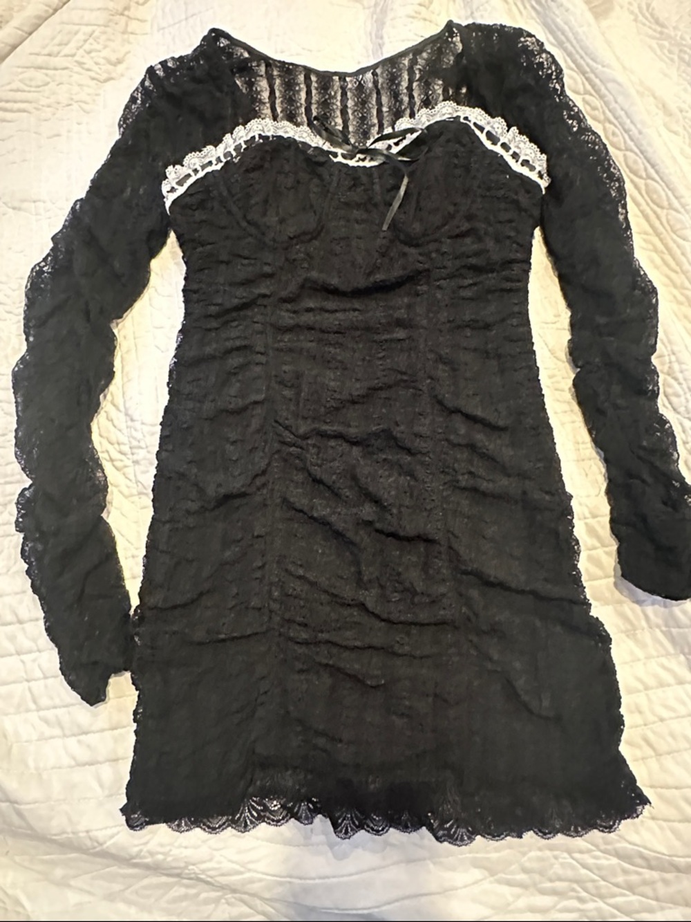 LoveShackFancy Black Lace Long-Sleeve Mini Dress with White Trim